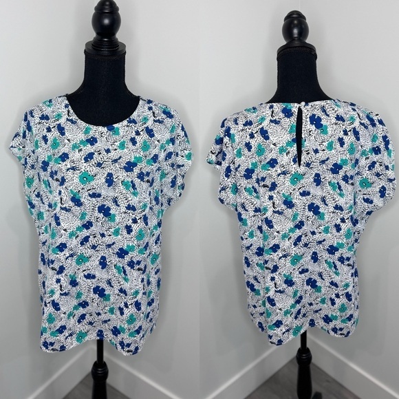 Halogen White Green Floral Short Sleeve Blouse (M) - Picture 1 of 8